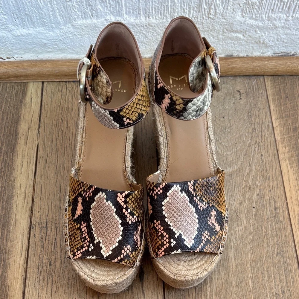 Marc Fisher Leather Snakeskin Alida Espadrille Wedge Sandal sz 9